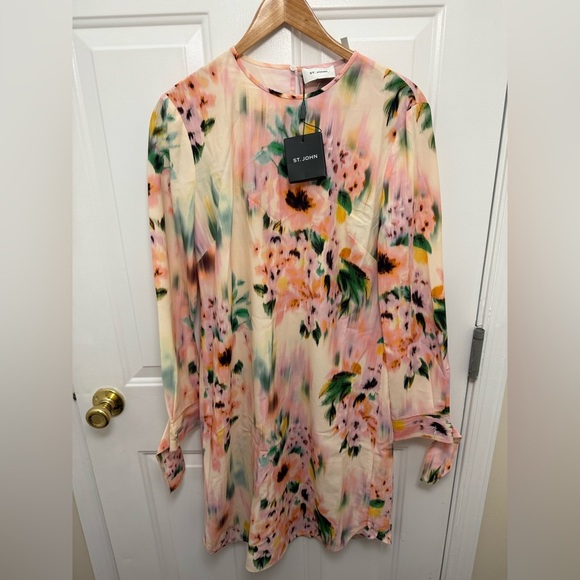 NWT St. John Womens Floral Print Silk Mini Dress 4 Ecru/Peach Multi Designer - Picture 2 of 12